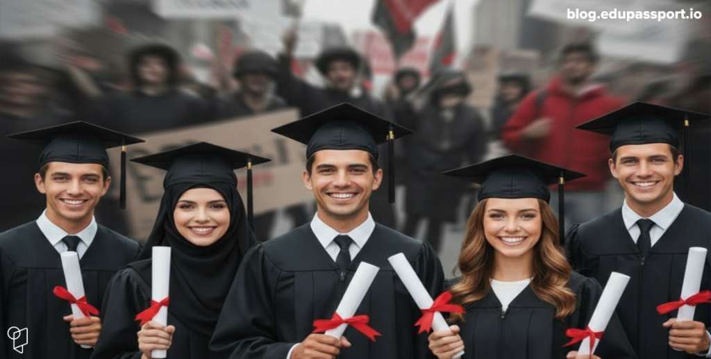 Graduates celebrating policy reform after years of advocacy for fairer teaching exam rules in Morocco.