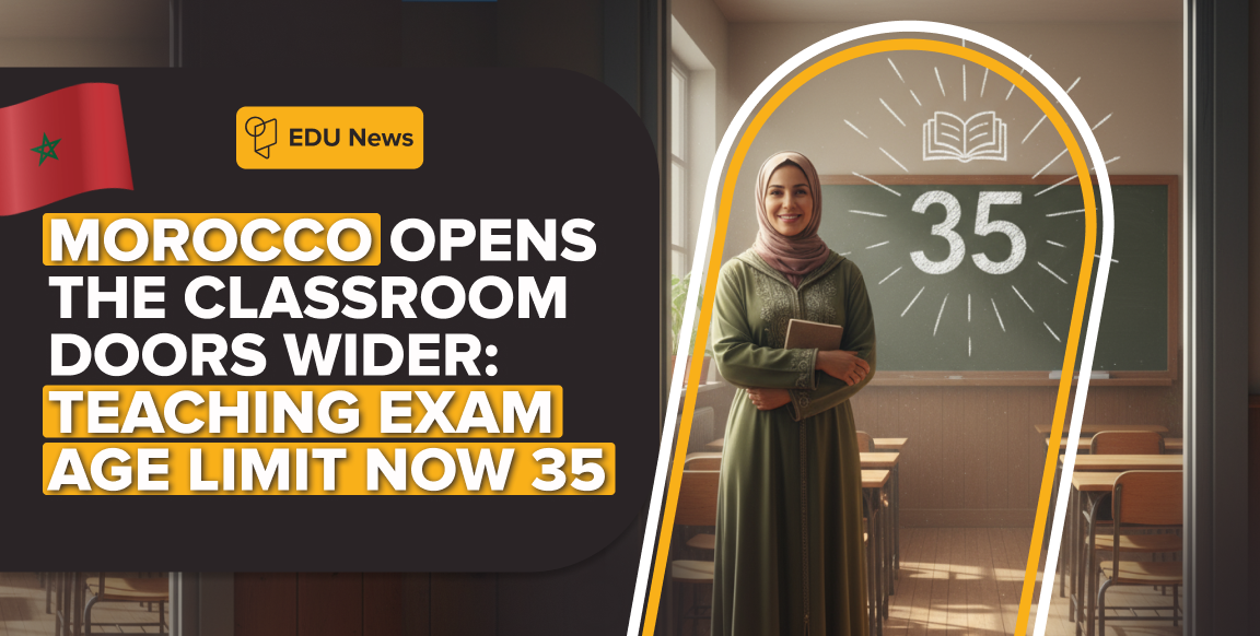 Mid-30s Moroccan teacher standing in a sunlit classroom doorway with ‘35’ written on the chalkboard, symbolizing expanded opportunity