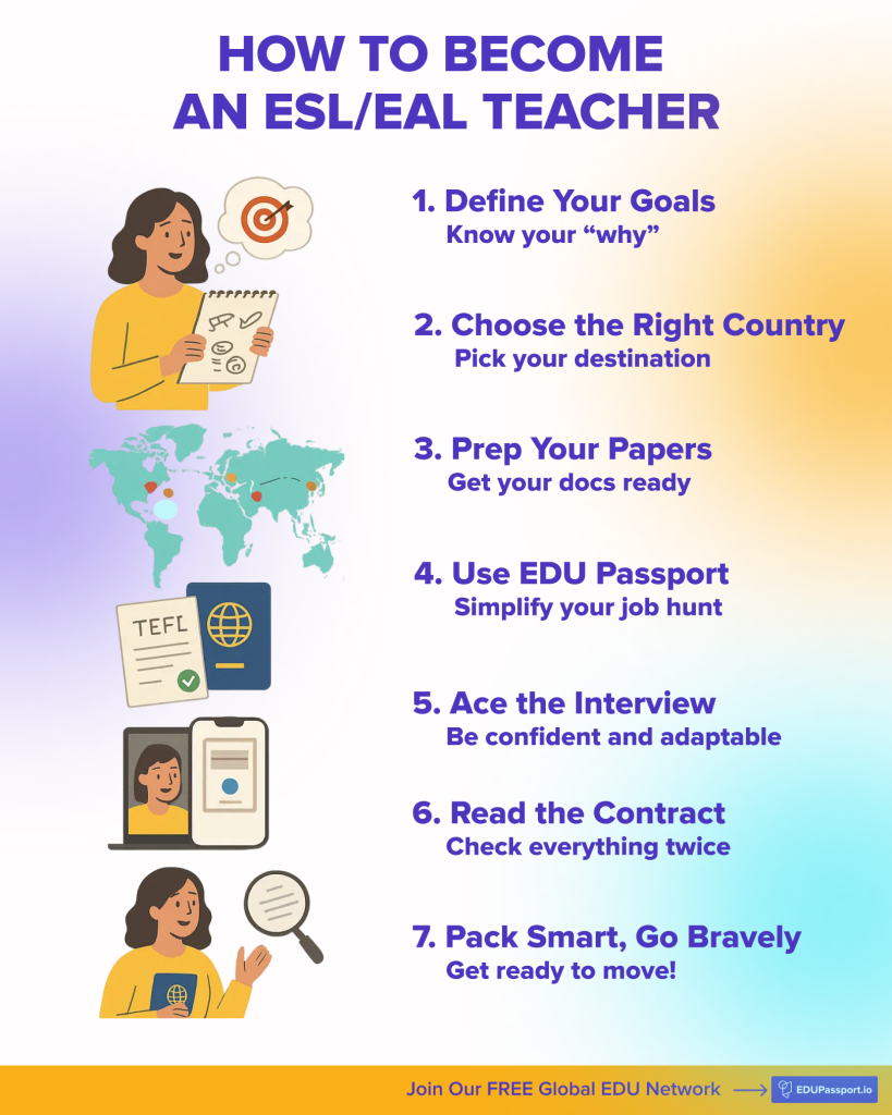 Infographic summarizing seven steps to get a teaching job overseas: define goals, choose country, prepare documents, use EDU Passport, ace the interview, review contract, and pack smart.