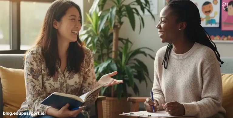 EDU Passport: Teachers sitting at desk preparing for interviews.
