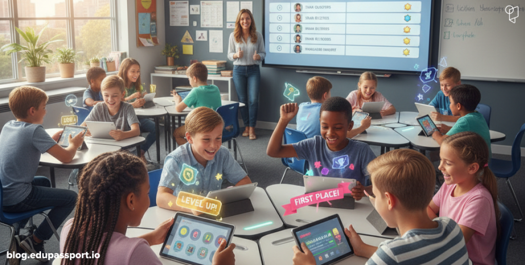 Students engaging with gamified learning tools on tablets