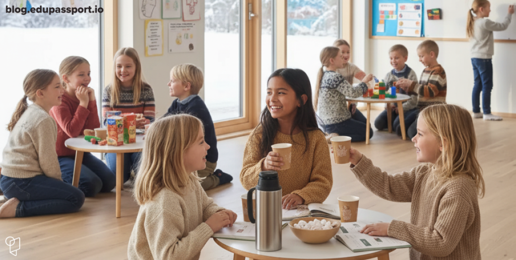 Danish classroom with cozy lighting and relaxed students practicing hygge