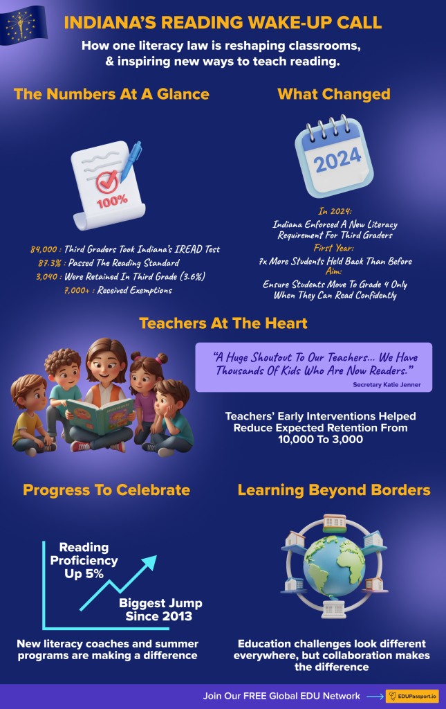 nfographic showing 87.3% reading proficiency and 3.6% retention data in Indiana