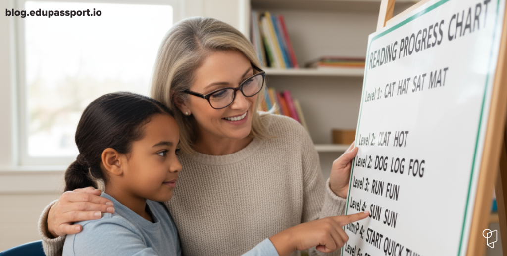 Teacher helping a student improve reading skills