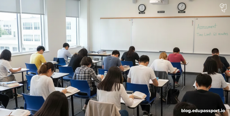 EDU Passport: Students working on math assessments in a college classroom.