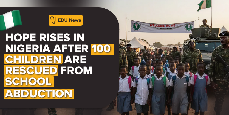 EDU Passport: Rescued Nigerian children stepping off buses with security vehicles nearby.