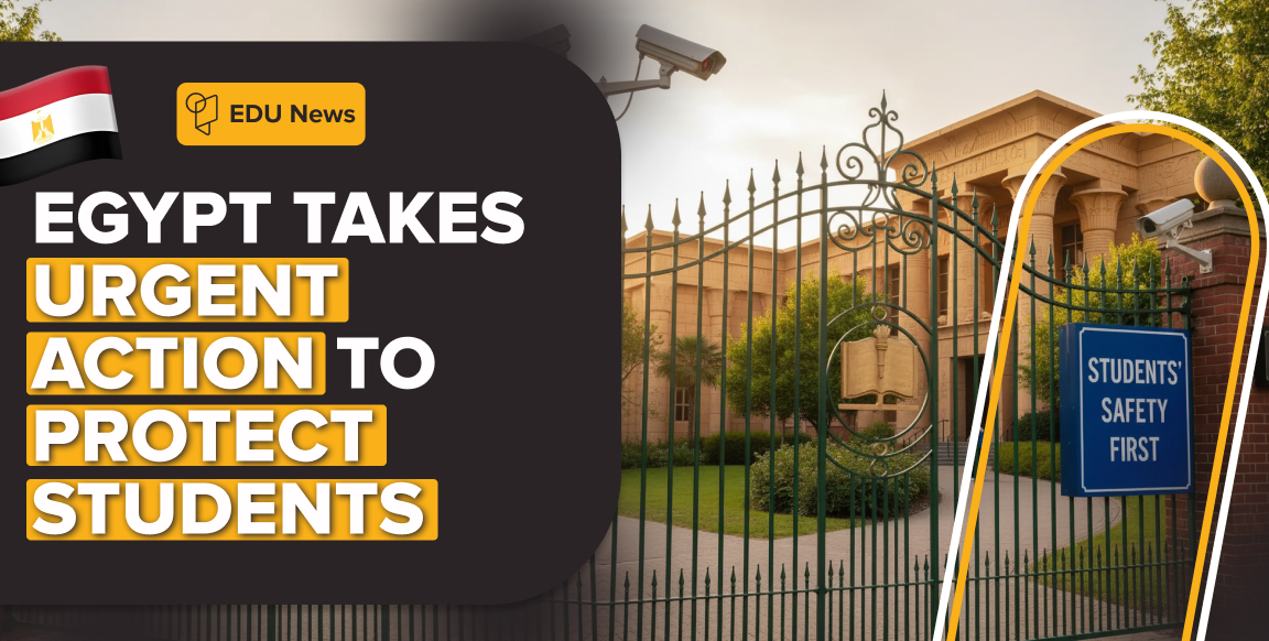 EDU Passport: Egyptian school entrance with security camera and student safety sign