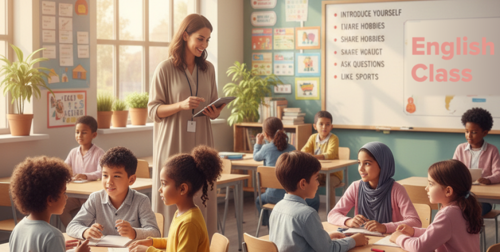 EDU Passport: Moroccan students practicing English speaking skills during a group classroom activity.