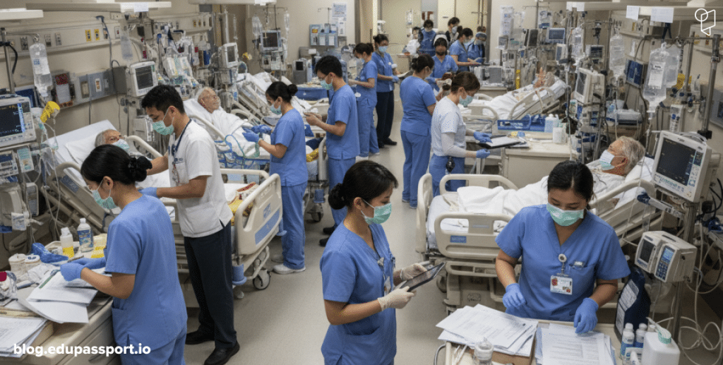 Nurses caring for patients in a hospital unit during a staffing shortage
