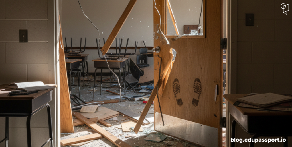 Damaged door at school