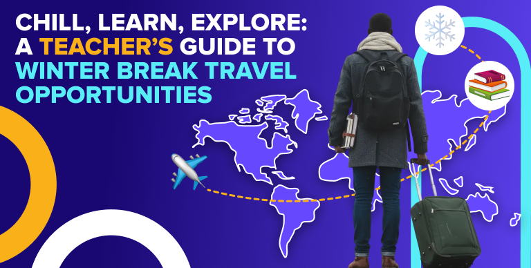 EDU Passport: Teacher walking through a snowy destination with travel and education icons showing winter travel opportunities for teachers
