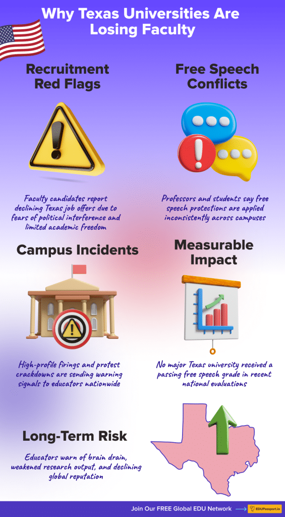 Infographic explaining the key reasons Texas universities are experiencing faculty departures