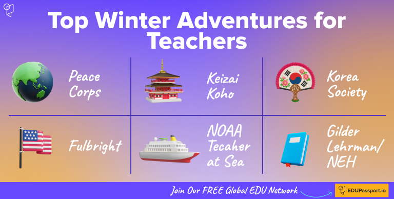 Infographic showing top winter travel opportunities for teachers with Peace Corps, Keizai Koho, Korea Society, Fulbright, NOAA, Gilder Lehrman and NEH