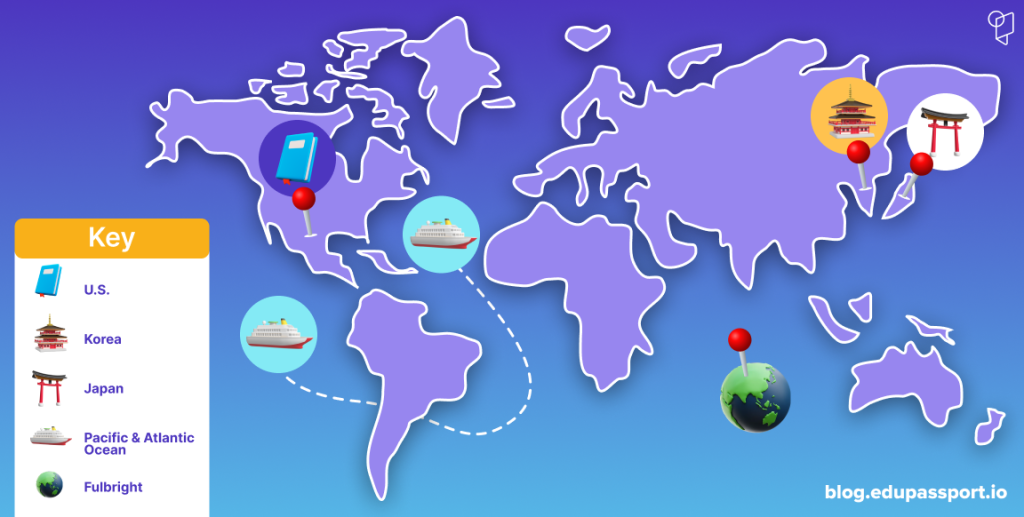 World map showing winter travel opportunities for teachers including Japan, Korea, NOAA routes, and Fulbright locations