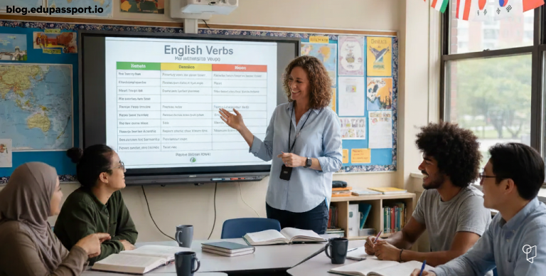 ESL teacher in a classroom interacting with international students