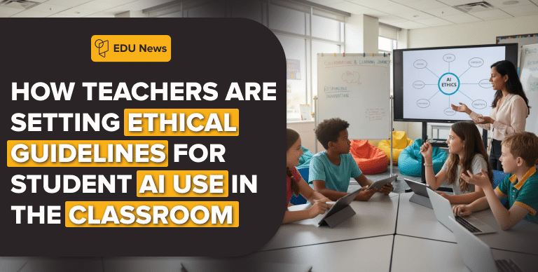 Teacher guiding middle school students using AI responsibly in a classroom