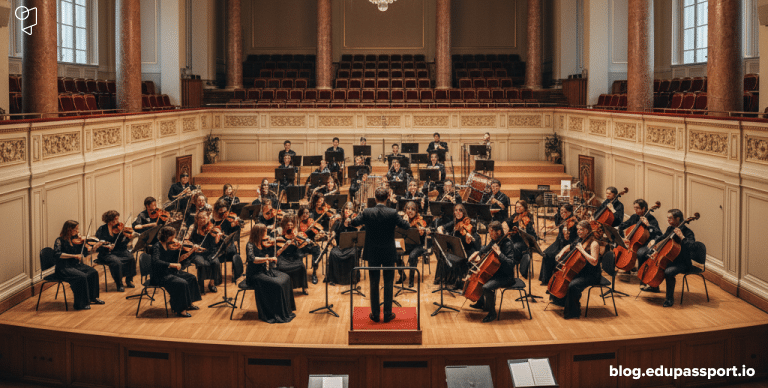 lassical music students performing in a concert hall at a top global conservatory