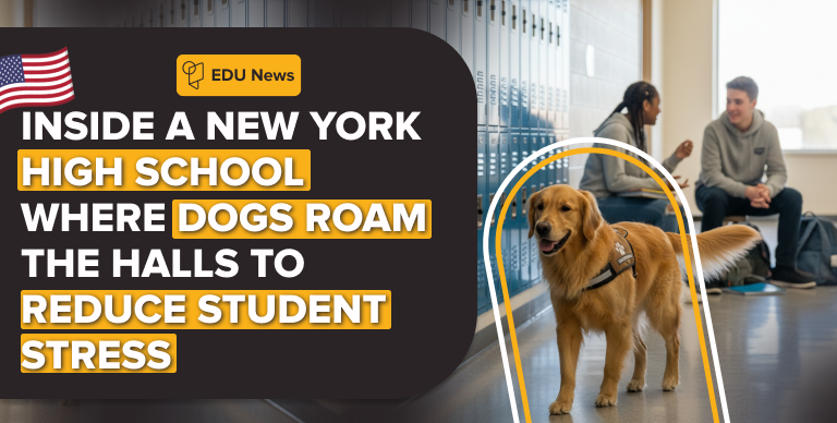 Dog walking through a New York high school hallway as students pass by