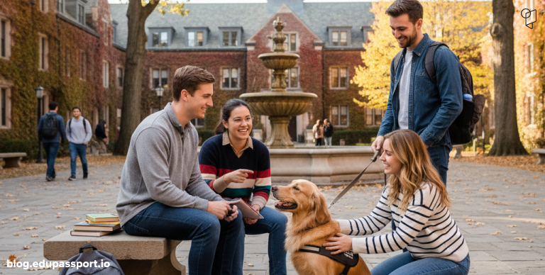 Students petting or walking a dog on campus during a break
