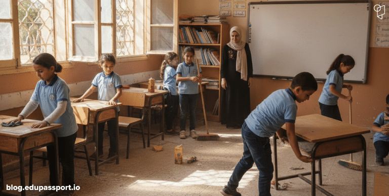 Students at an Egyptian-Japanese school take part in Tokkatsu activities that focus on teamwork and responsibility