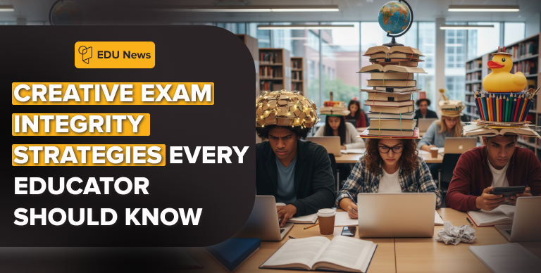 International students using creative anti-cheating exam strategies in a modern classroom