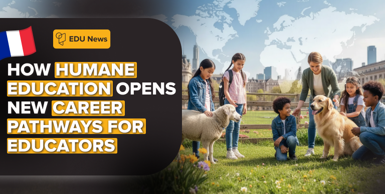 Teacher guiding diverse students learning empathy and humane education with animals in a global classroom setting.