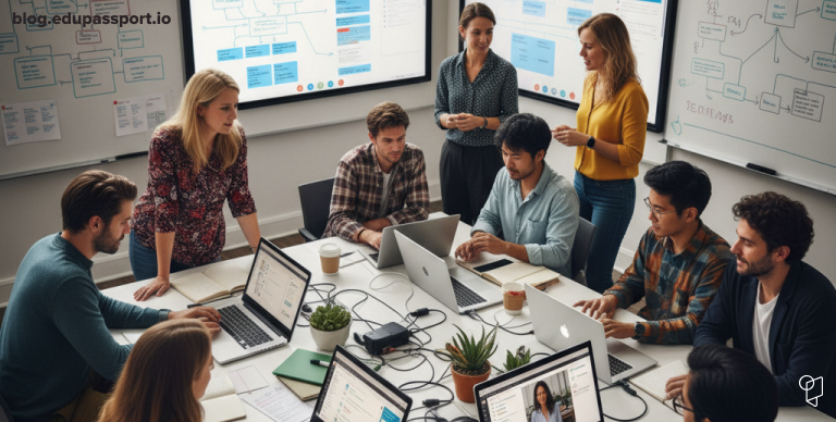 International educators collaborating using digital tools, representing skills-based hiring and modern education careers. 