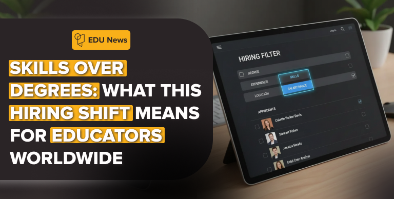 Educator-focused graphics showing skills and portfolios becoming more important than university degrees in hiring