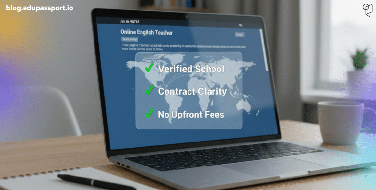 Laptop displaying verified ESL job listing checklist for international teaching