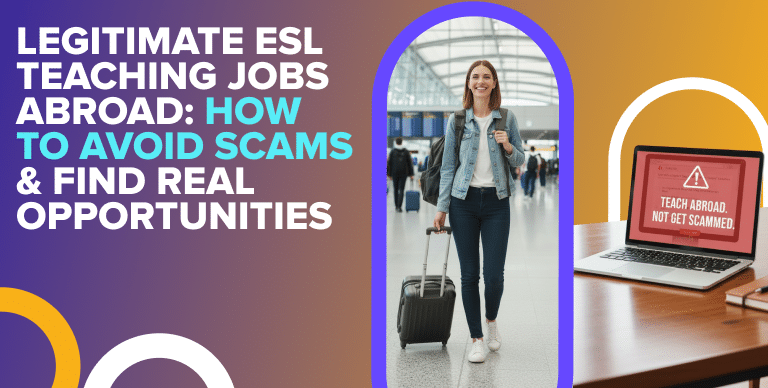 International ESL teacher at airport with caution overlay about job scams abroad