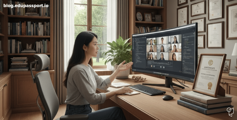 Professional educator teaching remotely from a well-equipped, specialized home studio with visible professional certifications