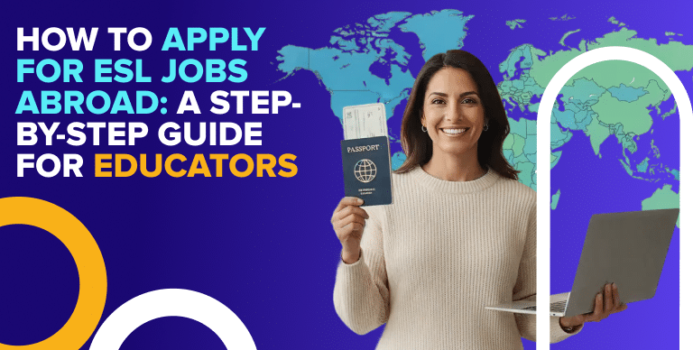 Teacher holding passport and laptop, ready to apply for ESL jobs abroad.