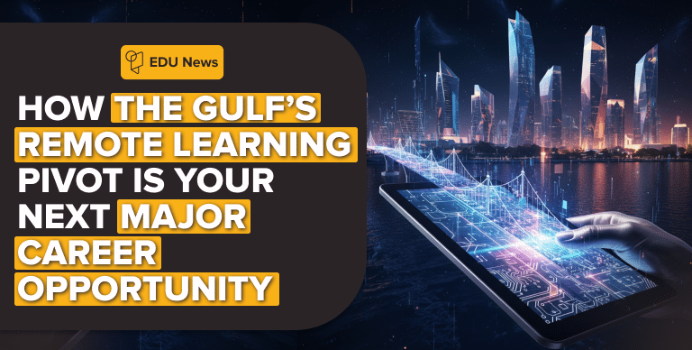 Illustrated bridge of digital data leading from a device to a modern Gulf city skyline.