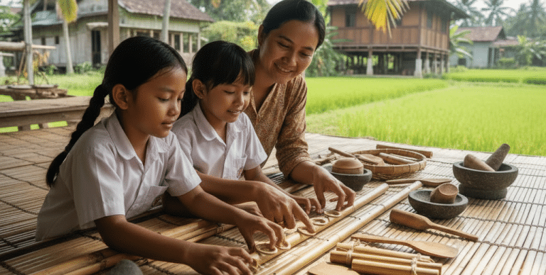 Students in Indonesia using hands-on tools for a math lesson focused on intentional learning.
