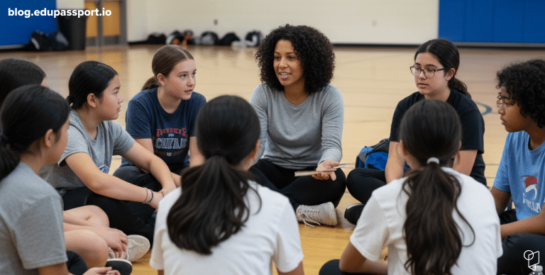 Coach facilitating a reflection circle with student athletes during practice to build social-emotional skills