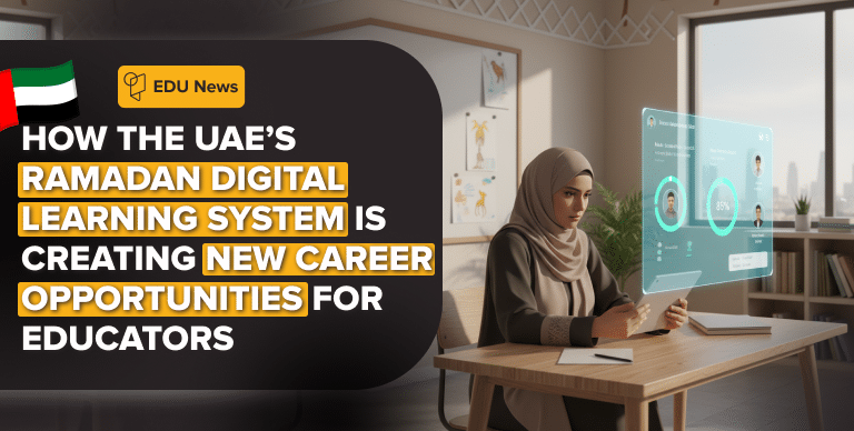 International teacher using digital learning platform in UAE classroom during Ramadan