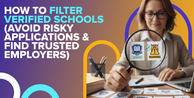 Checklist showing how to identify verified and trusted schools for teaching jobs