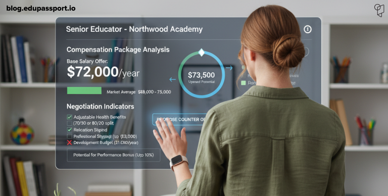 Teacher analyzing international job offer with salary comparison and negotiation options