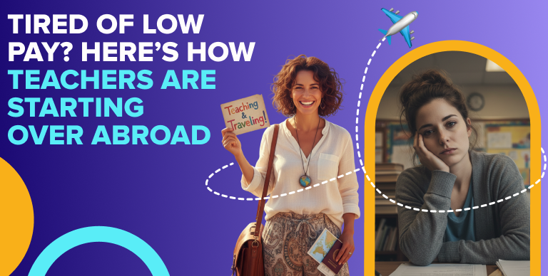 Comparison of stressed teacher and happy teacher abroad showing career transformation