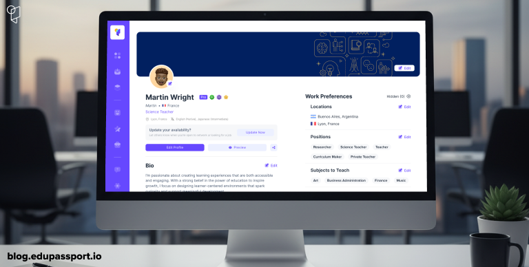 Platform showing international teaching job matches and teacher profile dashboard