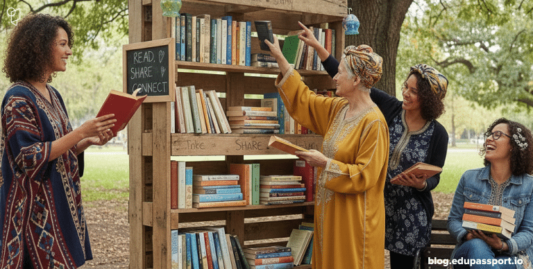 Women participating in a community reading discussion in an informal learning environment