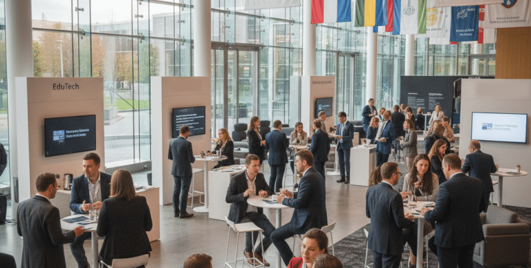 International education professionals networking and recruiting at a global education event