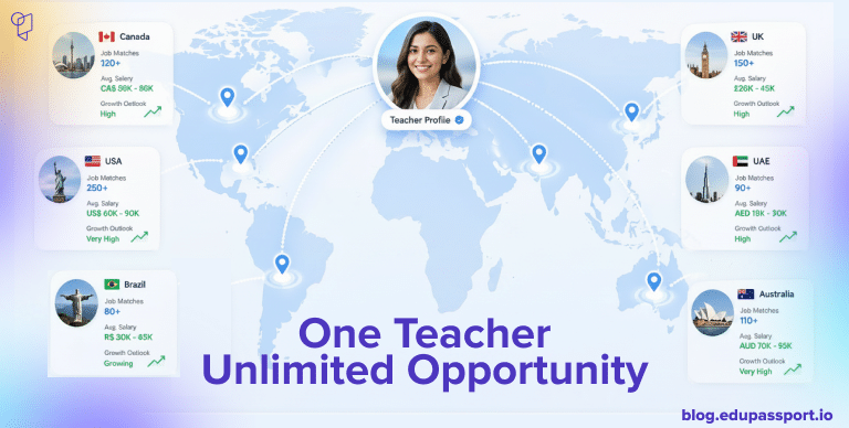 Teacher profile connected to global job opportunities across multiple countries