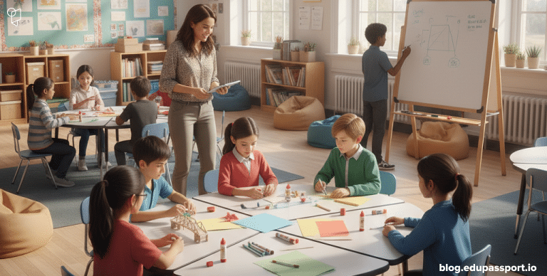 Modern interactive classroom with collaborative student learning and teacher facilitation