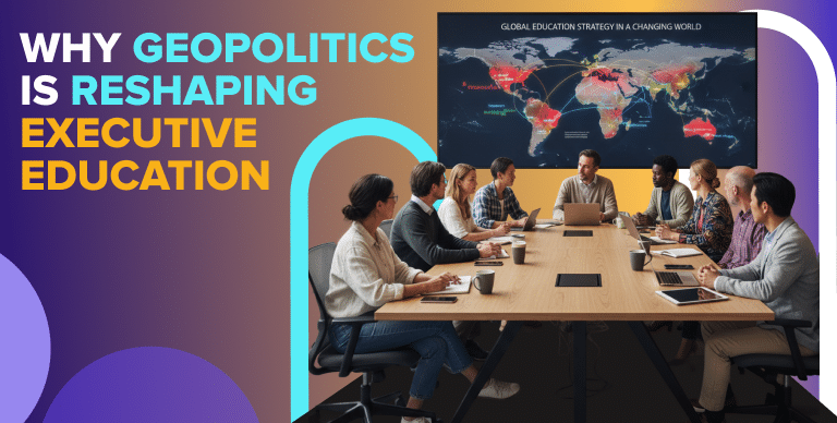 Executive education classroom discussing geopolitics and global leadership strategy